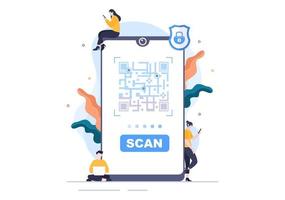 scanner de code qr pour le paiement en ligne, le paiement électronique et le transfert d'argent sur smartphone avec application en main. illustration vectorielle de fond vecteur