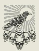 illustration oiseau corbeau avec style monochrome tête de mort