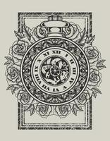 illustration vintage horloge avec fleur rose vecteur