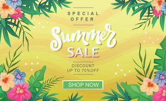 bannière de vente d'été thème tropical jaune vecteur