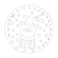 collection joyeux noël avec des personnages de dessins animés mignons en cercles avec des lignes noires vecteur