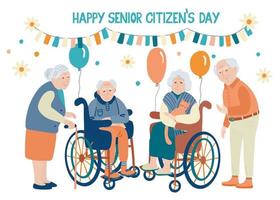 bonne journée des seniors. lettrage et illustration d'hommes et de femmes seniors avec des ballons, des drapeaux de fête vecteur