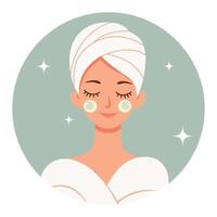 femme du quotidien beauté se soucier routine. fille avec serviette sur tête avec crème sur sa visage vecteur