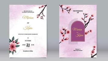luxe mariage invitation Cerise fleurs et or éléments décoration sur aquarelle Contexte vecteur