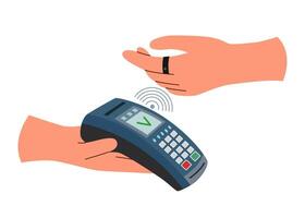 Paiement Terminal et main dans intelligent anneau. sans contact Paiement concept. La technologie concept. vecteur