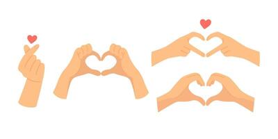 ensemble de main gestes de doigt cœur. l'amour symbole et main signe pour l'amour. la Saint-Valentin journée dessin animé vecteur des illustrations isolé sur blanc Contexte