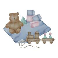 illustration avec nounours ours sur bébé couverture neutre couleurs isolé sur blanc Contexte. main tiré peluche ours dans pastel nuances. peint bébé en bois train. élément pour anniversaire carte, affiche vecteur