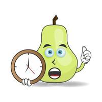 personnage mascotte de goyave tenant une horloge murale. illustration vectorielle vecteur
