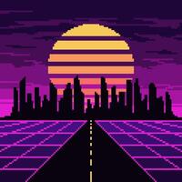 pixel synthwave Autoroute avec ville et Soleil Contexte. néon vaporwave paysage avec engrener numérique conception avec foncé grattes ciels et rayé étoile dans violet nuit vecteur ciel