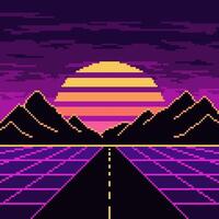 pixel synthwave néon Autoroute avec montagnes et Soleil Contexte. néon vaporwave paysage avec engrener numérique conception et foncé collines avec rayé étoile dans violet nuit vecteur ciel