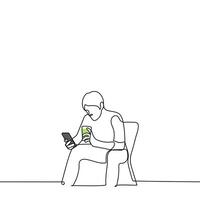 homme séance sur une chaise avec une téléphone et une cocktail dans le sien mains - un ligne dessin vecteur. concept été vacances, l'Internet dépendance, en buvant avec téléphone vecteur