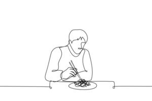 homme séance à une table en portant baguettes dans de face de une assiette de nouilles - un ligne dessin vecteur. le concept de en mangeant fait maison nouilles ou une plat dans un asiatique restaurant vecteur