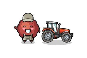 la mascotte du fermier aux boulettes de viande debout à côté d'un tracteur vecteur