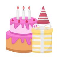 anniversaire gâteau, chapeau anniversaire fête avec cadeau boîte illustration vecteur