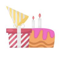 anniversaire gâteau, chapeau anniversaire avec cadeau boîte illustration vecteur