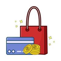 achats sac, débit carte avec argent pièce de monnaie illustration vecteur