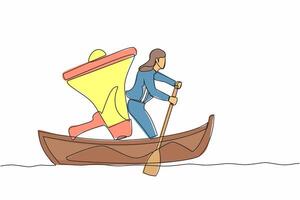 Célibataire un ligne dessin femme d'affaires voile une façon sur bateau avec mégaphone. commander chef, contrôle par mégaphone, direction et travail en équipe. continu ligne dessiner conception vecteur graphique illustration