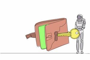continu un ligne dessin de astronaute mettre clé dans portefeuille. argent protection et financier Sécurité pour sécurise vaisseau spatial lancement. cosmonaute extérieur espace. Célibataire ligne dessiner conception vecteur illustration