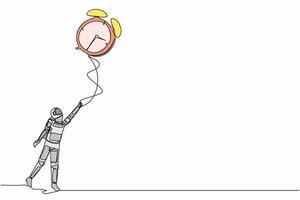 Célibataire continu ligne dessin Jeune astronaute en portant en volant gros alarme l'horloge ballon avec corde dans lune surface. cosmonaute Profond espace concept. dynamique un ligne dessiner graphique conception vecteur illustration