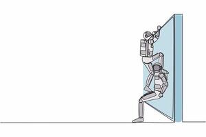 Célibataire un ligne dessin Jeune astronaute portion un autre astronaute montée mur dans lune surface. travail en équipe dans espace expédition. cosmique galaxie espace. continu ligne dessiner graphique conception vecteur illustration