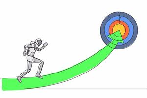 Célibataire un ligne dessin astronaute fonctionnement sur La Flèche à centre de cible. vaisseau spatial entreprise avec espace expédition vision mission. cosmique galaxie espace. continu ligne graphique conception vecteur illustration