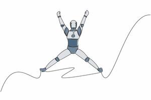 Célibataire un ligne dessin content robot sauter avec élevé le sien bras et jambes. Succès technologie affaires projet. artificiel intelligence. La technologie industrie. continu ligne dessiner conception vecteur illustration