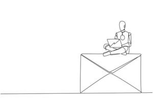 Célibataire continu ligne dessin robotique artificiel intelligence séance sur géant email icône dactylographie portable. email message répondre robots. futur tehnologie concept. un ligne conception vecteur illustration