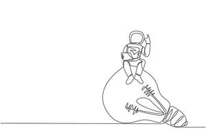 continu un ligne dessin Jeune astronaute séance sur géant ampoule en portant portable élever un main. une geste a le dernier brillant idée pour un expédition. Célibataire ligne dessiner vecteur illustration