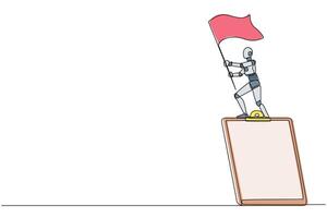 Célibataire un ligne dessin de robotique artificiel intelligence permanent sur géant presse-papiers en portant flottant drapeau. futur La technologie robot développement concept. continu ligne conception graphique illustration vecteur