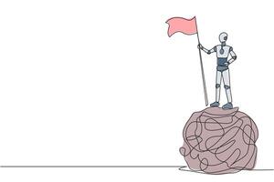 continu un ligne dessin de artificiel intelligence robotique permanent sur géant emmêlé cercle en portant drapeau. programme le robot à avoir non sentiments de anxiété. Célibataire ligne conception vecteur illustration