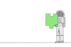 continu un ligne dessin Jeune énergique astronaute en portant une puzzle pièce. à la recherche pour autre pour travail en équipe à trouver autre pièces. cosmonaute extérieur espace. Célibataire ligne dessiner conception vecteur illustration