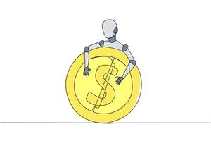 continu un ligne dessin robot étreindre pièce de monnaie signe dollar. insérer pièce de monnaie dans le retour de le robot, puis il volonté remplir tout votre vœux. futur technologie. Célibataire ligne dessiner conception vecteur illustration