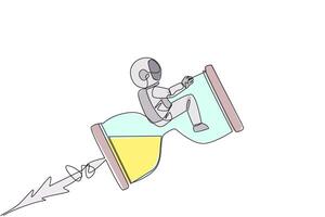 Célibataire continu ligne dessin Jeune énergique astronaute monte sur le en forme de fusée Sablier. lorsque le compte à rebours est sur, le vol dans espace commence. cosmonaute. un ligne conception vecteur illustration
