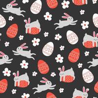sans couture modèle de Pâques lapins, fleurs et peint des œufs dans dessin animé style vecteur