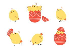 ensemble de Jaune poulets et peint Pâques thème dans dessin animé style vecteur