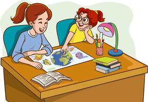 l'école à la maison. enfant est enseigné par adulte, mère ou professeur. vecteur personnages plat dessin animé illustration.