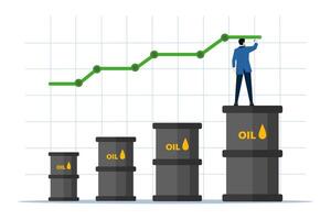 concept de hausse du prix du pétrole, prix du pétrole brut en hausse après la crise, forte demande ou concept de l'industrie de l'énergie ou de l'essence, commerçant d'affaires debout sur une pile de gallons de pétrole composant le graphique. vecteur