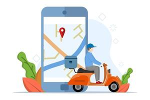 le concept de Envoi en cours une paquet à une destination. une homme monte une scooter avec une boîte. paquet livraison suivi notification sur téléphone métaphore. plat vecteur illustration sur blanc Contexte.