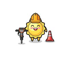 travailleur routier mascotte de soleil tenant une perceuse vecteur