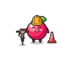 mascotte de travailleur routier de pomme tenant une perceuse vecteur