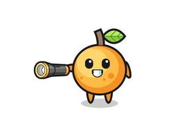 mascotte de fruits orange tenant une lampe de poche vecteur