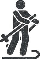 homme ski neige aventure alpin icône vecteur illustration dans timbre style