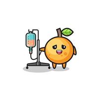 mignon personnage de fruit orange debout avec un poteau d'infusion vecteur