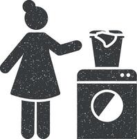 femme, Entretien ménager, nettoyage icône vecteur illustration dans timbre style