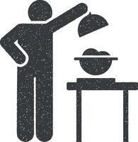 homme, manger, cuisiner, cuisine icône vecteur illustration dans timbre style