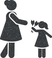 femme, fleur, fille, donner icône vecteur illustration dans timbre style