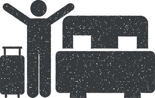 chambre à coucher, homme, content, voyage, Hôtel icône vecteur illustration dans timbre style