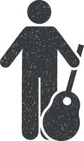 guitare, homme, objet icône vecteur illustration dans timbre style