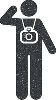 photographe, homme, caméra pictogramme icône vecteur illustration dans timbre style