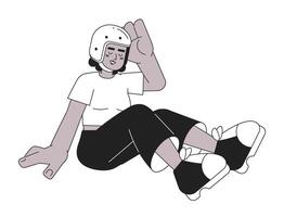 est tombée vers le bas cycliste sécurité casque en riant noir et blanc 2d dessin animé personnage. sourire Afro-américain femme accident isolé vecteur contour personne. extrême sport monochromatique plat place illustration